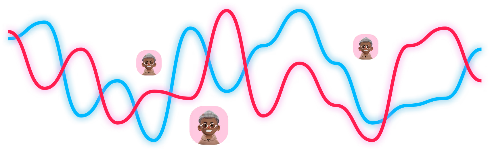 Graphiques de cours boursiers ondulants en bleu et rouge avec des avatars d'utilisateurs, représentant la dynamique du marché et l'engagement de la communauté de trading